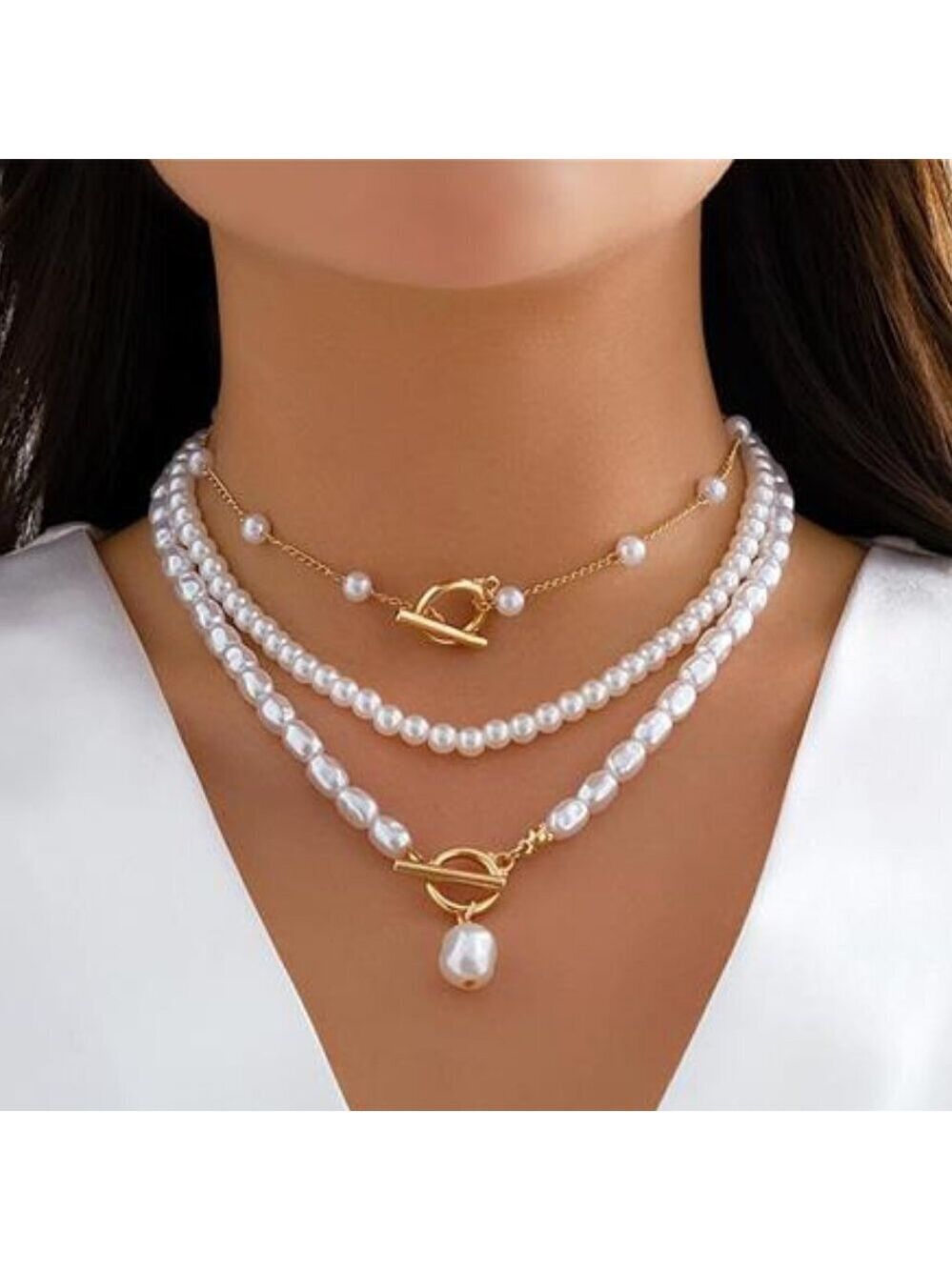Gold Pearl Necklace Gold Layered Chunky Statement Stackable 3 Pcs